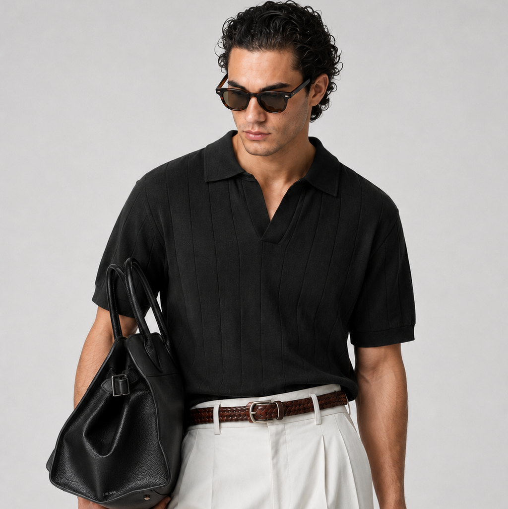 Ribbed Knit Black Polo City Fashion