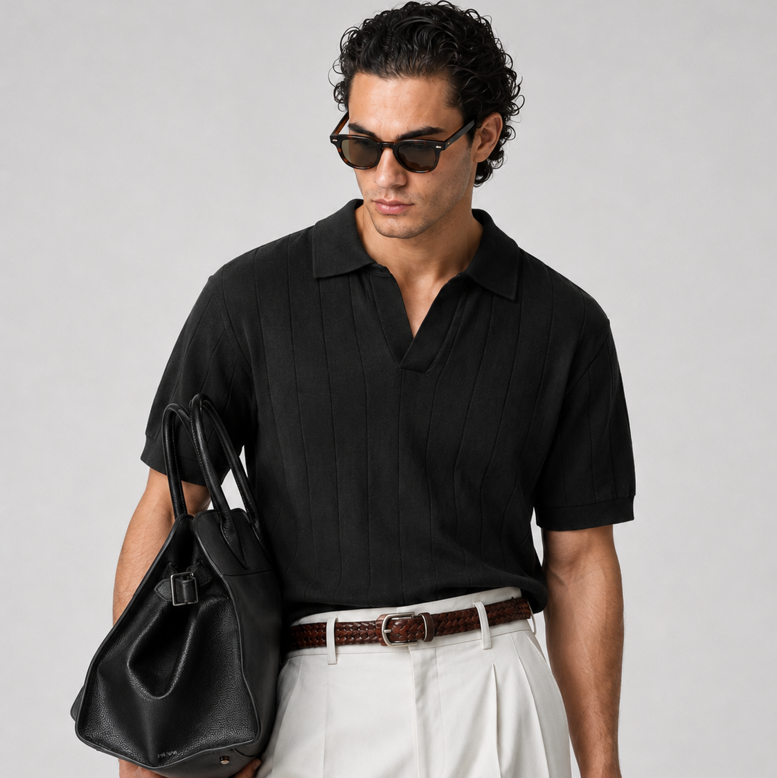 Ribbed Knit Black Polo