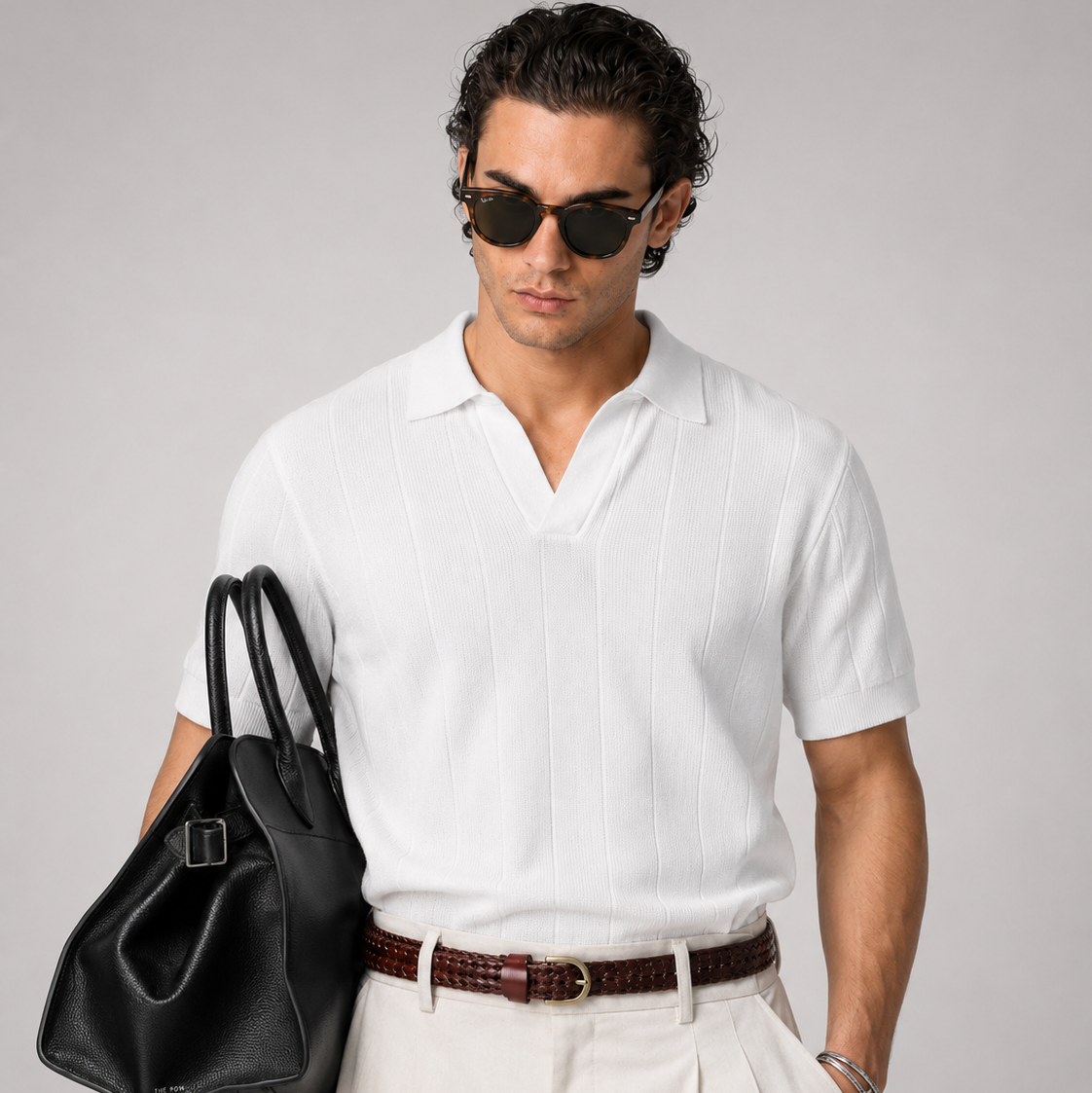 Ribbed Knit White Polo