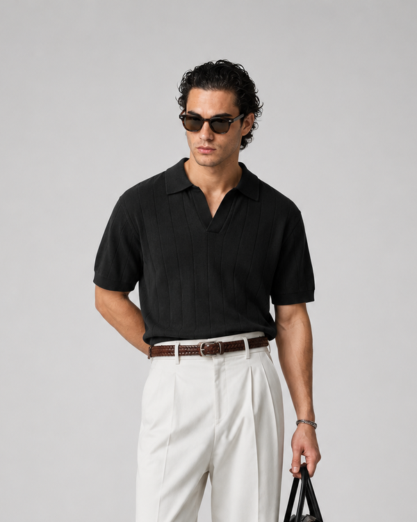 Ribbed Knit Black Polo