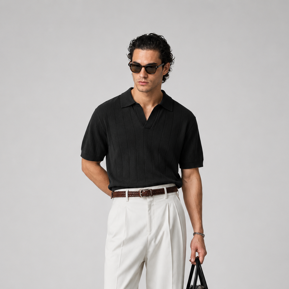 Ribbed Knit Black Polo