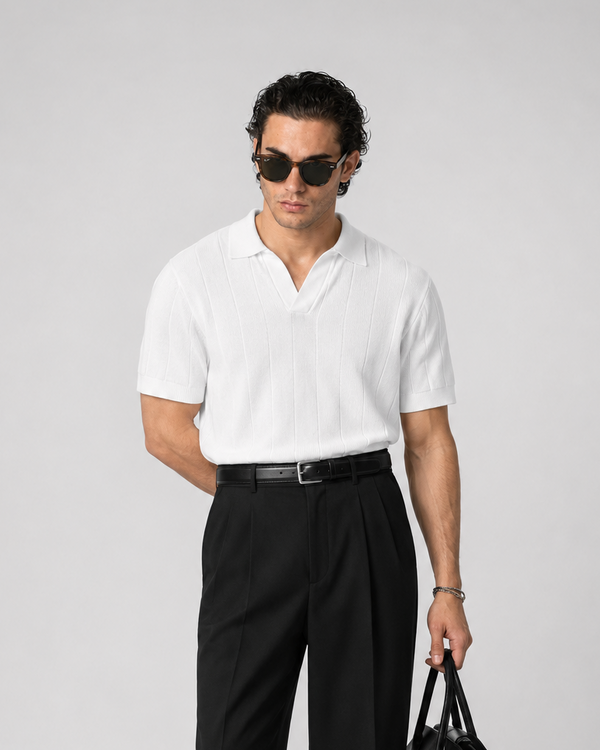 Ribbed Knit White Polo