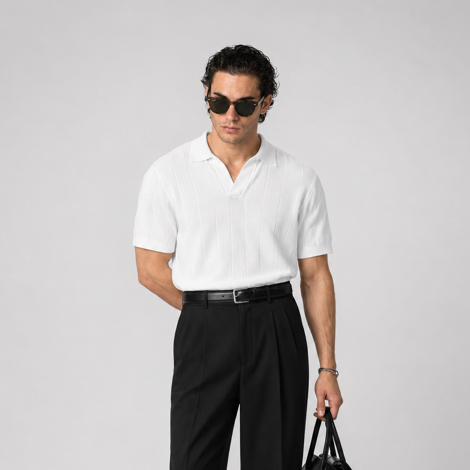 Ribbed Knit White Polo