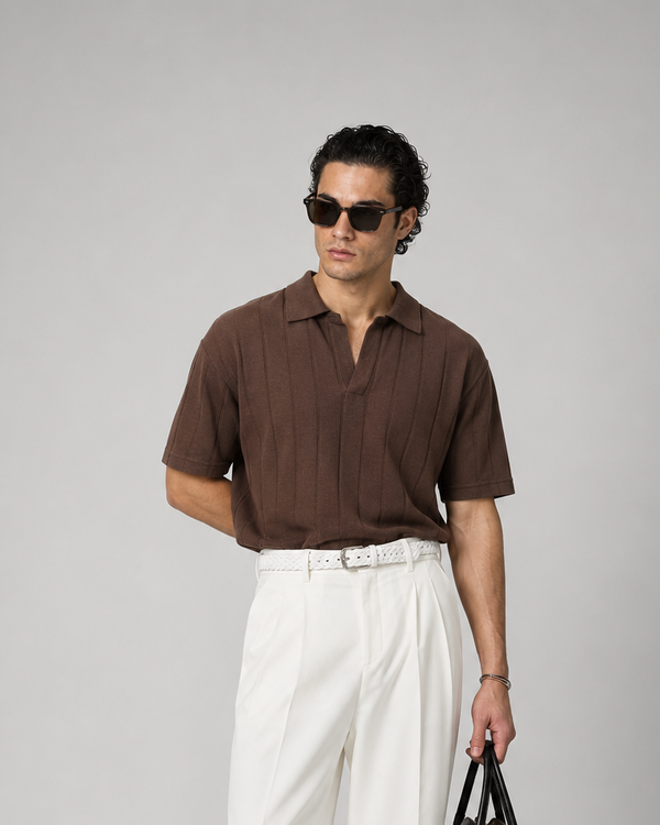 Ribbed Knit Brown Polo