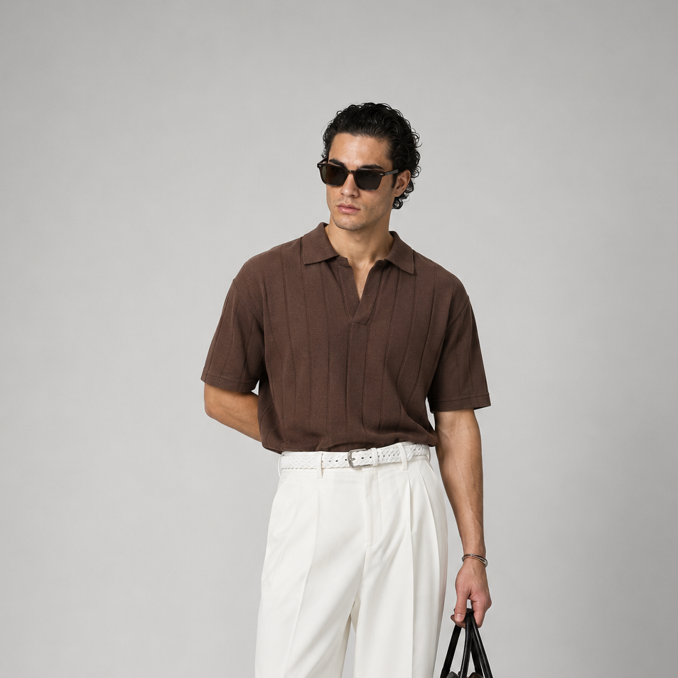 Ribbed Knit Brown Polo