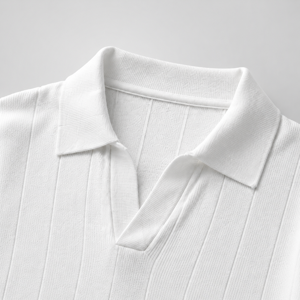 Ribbed Knit White Polo City Fashion